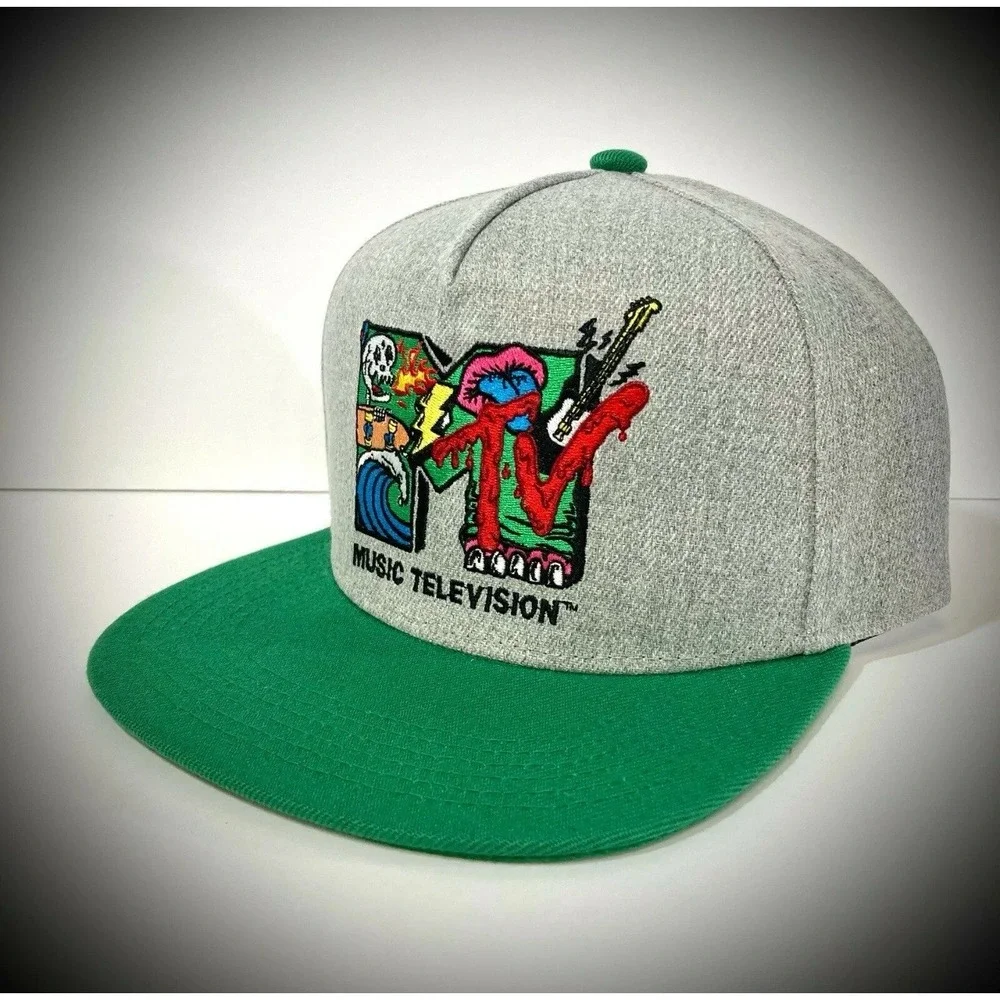 New MTV SNAPBACK HAT heather gray green flat bill retro 90s tv music Unisex